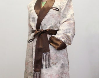 Vintage 50s Brocade Smoking Jacket Shimmery brown with Fringe waist tie and pockets One SIize