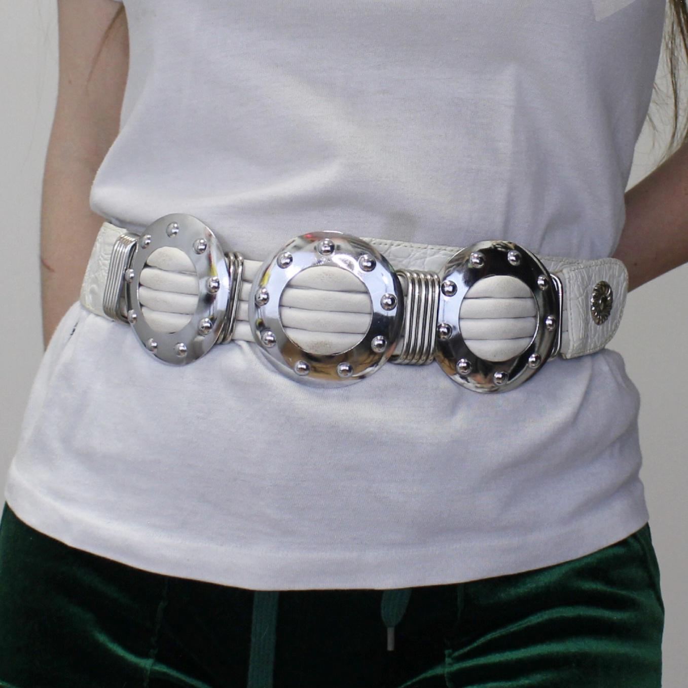 80’s Lucite Cuff Belt with Mirrored Motif Silver Tone Vintage 80s Metallic Silver Wide Waist Belt, Glam Rock  main image 2
