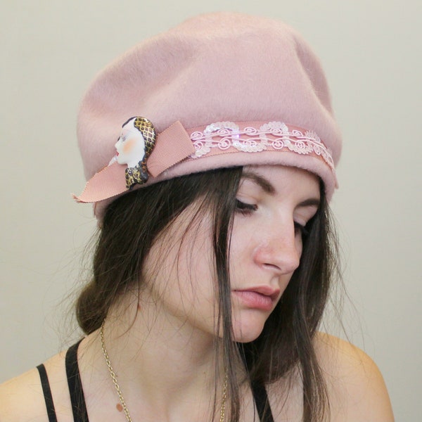 Vintage 60s Fuzzy Pink Hat with Porcelain pin From Melosoie by Henry Pollack