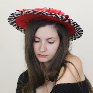 Vintage 60s Sun Hat! Woven Black and white Hat with Giant red bow by Chandra and Neusteters