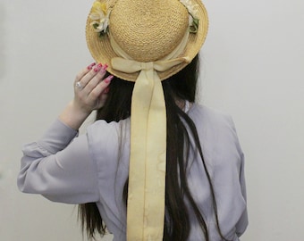 Vintage 40s Straw Sun Hat with Ribbon and 3D Flowers Youth Hat by Best & Co. Lilliputian Bazaar - 1940s Vintage Straw Hat Lilliputian Bazaar