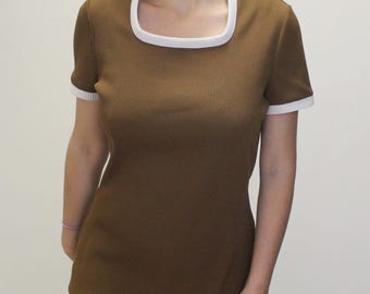 Maglietta vintage anni '70 a coste con motivo Ringer marrone