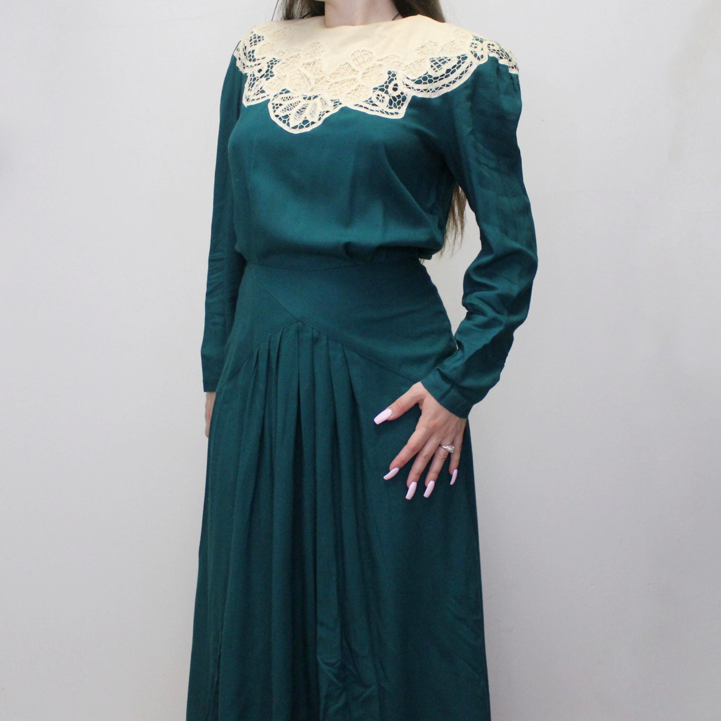 vintage green lace dress 80s Edwardian Inspired Midi Applique Pleated Dress by Marie St. Claire Teal Dress Lace Collar DEAL