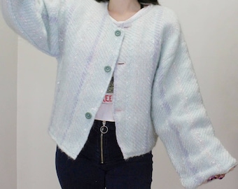 Vintage 60s Pastel Hand knit Cardigan-Handknit Pastel lined Sweater