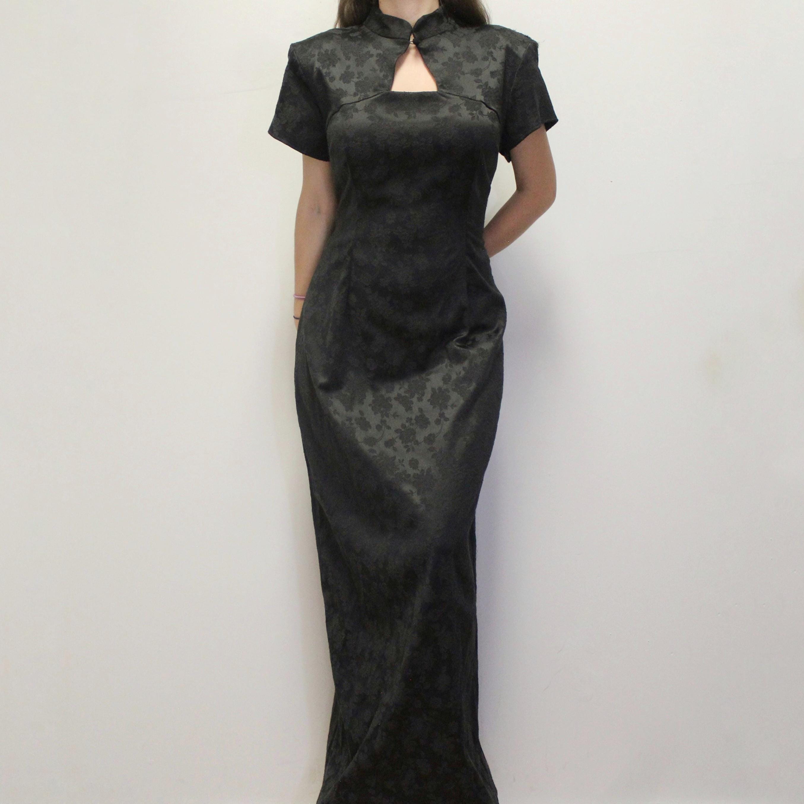 Vintage 90s Black Maxi Dress With Floral Brocade Pattern by Harlow