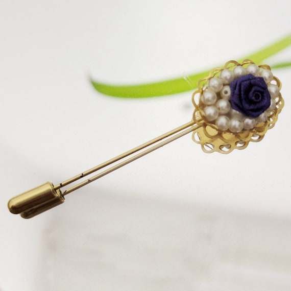 Vintage 80s Stick Pin with faux pearls and Purple… - image 4