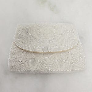 Vintage 30s Evening Bag  Heavily Beaded Small  white Clutch with Side Strap & Mirror