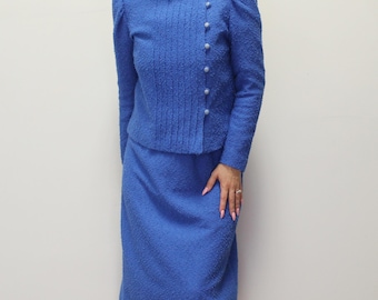 Vintage 70s Outfit Set Boucle Knit Blue Suit by Leslie Fay Petites