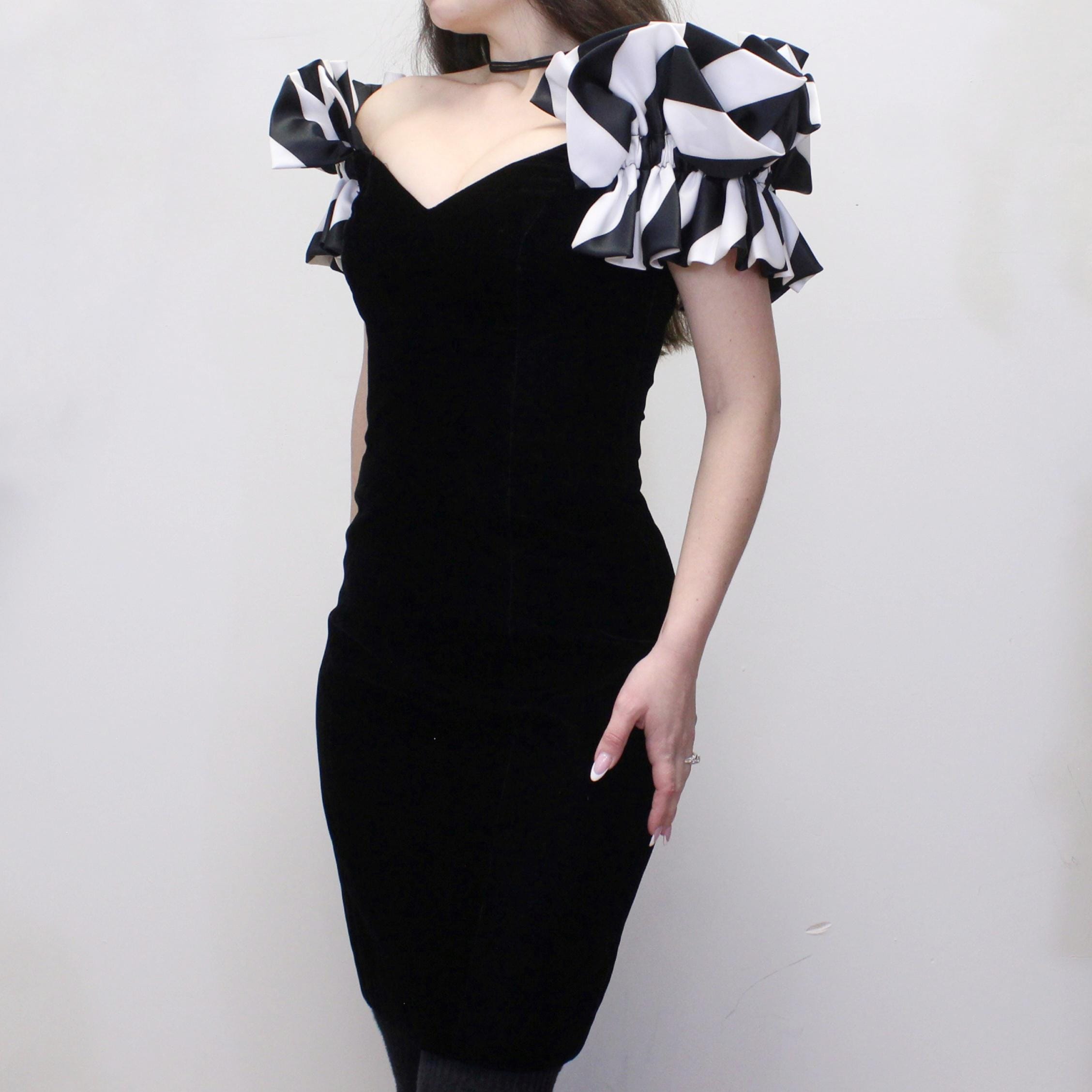 Vintage 80s Black Velvet Cocktail Dress Plastic Boned Pencil Fit