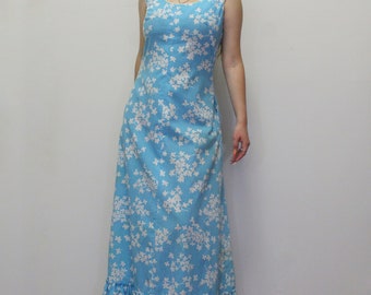 Vintage 70s Ruffle Hem Maxi Dress - Baby Blue Floral Maxi Ruffle B