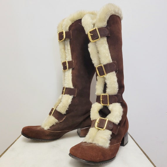 Vintage 70s Furry Boots! Go-Go Knee high brown su… - image 3