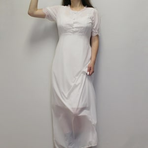 Vintage 60s Nightgown White Column Maxi Dress with Lace Trim by Carolle - Vintage white nylon night gown button lace top