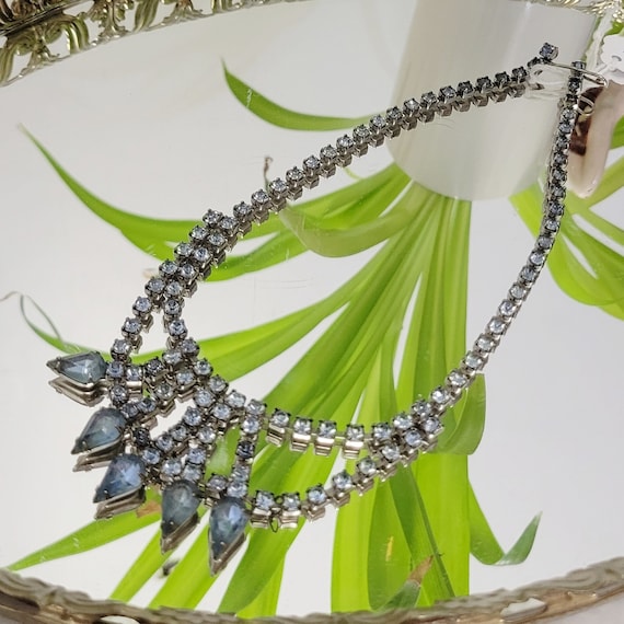 Vintage 50s Blue Rhinestone Necklace Glam Fancy F… - image 2
