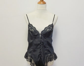 Vintage jaren '80 Lingerie Zwart Satijnachtig Kant Getrimd Teddy One Piece Romper van Val Mode