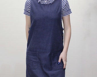 Vintage Y2k Oversized Corduroy Pinafore Dress Blue Maxi Dress 100% Cotton by Karen Scott