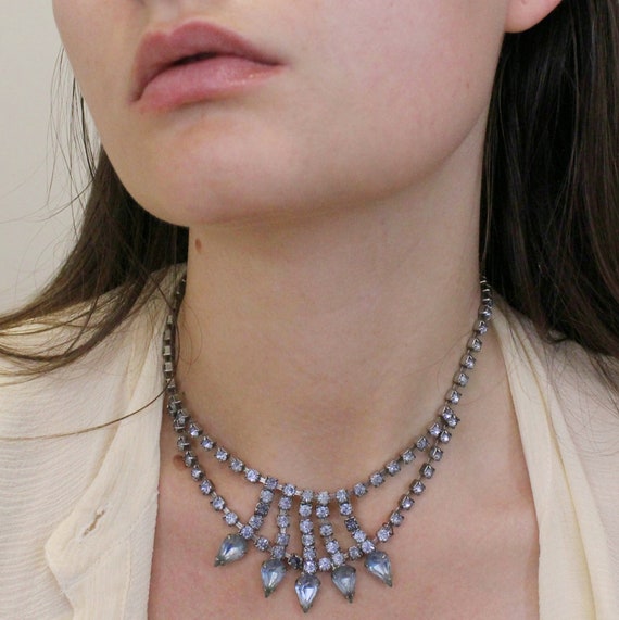 Vintage 50s Blue Rhinestone Necklace Glam Fancy F… - image 8