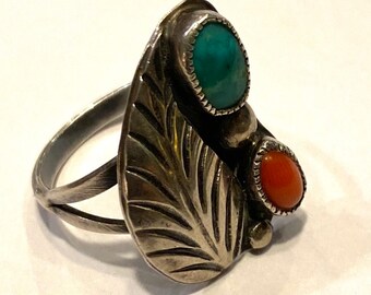 Vintage Sterling Silver Turquoise Coral Stone Ring Feather Motif Old Pawn Native American Size 6.5 Estate Jewelry