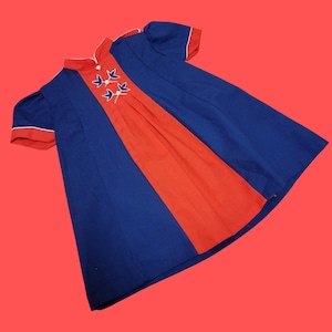 Vintage 70s Kids Dress! Mod Navy and Red Babydoll Dress with Mandarin Collar