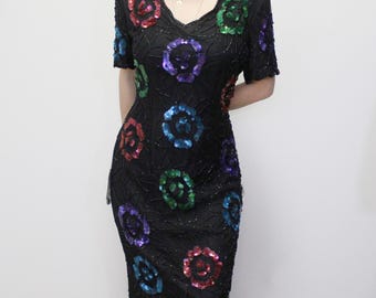Vintage Deadstock NWT 80s Silk Beaded Formal Dress by Styleworks purchased from Newport News Colorful Sequin Rosette Dress