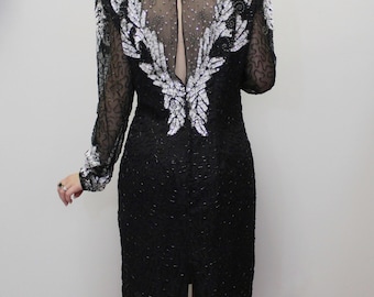 Abito formale vintage anni '80 in seta con perline di Laurence Kazar New York