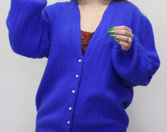 Vintage 80s Angora Rabbit Hair Blend Cardigan by Victoria Jones Oversized Sweater with Pearly Buttons- Royal Blue Angora Sweater