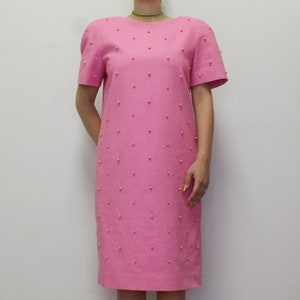 Vintage 80s Pearl embellished Pink Dress by David Warren Beaded Pearl Pink Vintage Dress