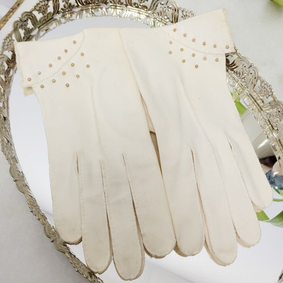 Vintage 50s Formal Gloves Beaded cuffed cream Glo… - image 1