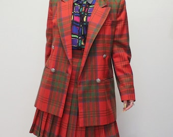 Vintage 80s Designer Giorgio Sant'Angelo Plaid Skirt Suit Set Blazer and Matching Mini Skirt Wool