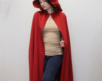 Vintage 70s Red Hooded Cloak Beautiful Cloak with Ruffle Hood