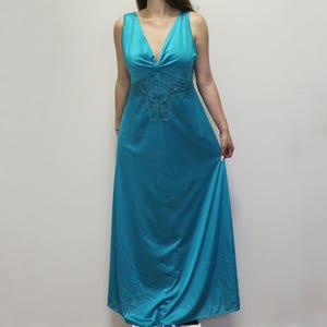 Vintage 70s Teal Nightgown Empire Waist Flowy Dress