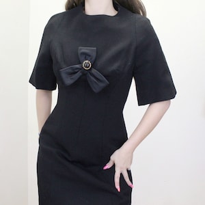 Vintage 60s Mod Dress Elegant little black Dress from Mam&#39;selle by Betty Carol Giant bow rhinestone detail Mam&#39;selle Black Cocktail Dress