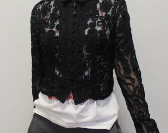 Vintage jaren 80 doorschijnende taps toelopende koordblouse