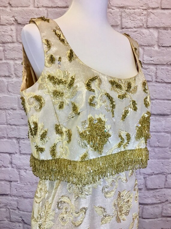 Vintage 1960s Gold Brocade Formal Beaded Gown Gold