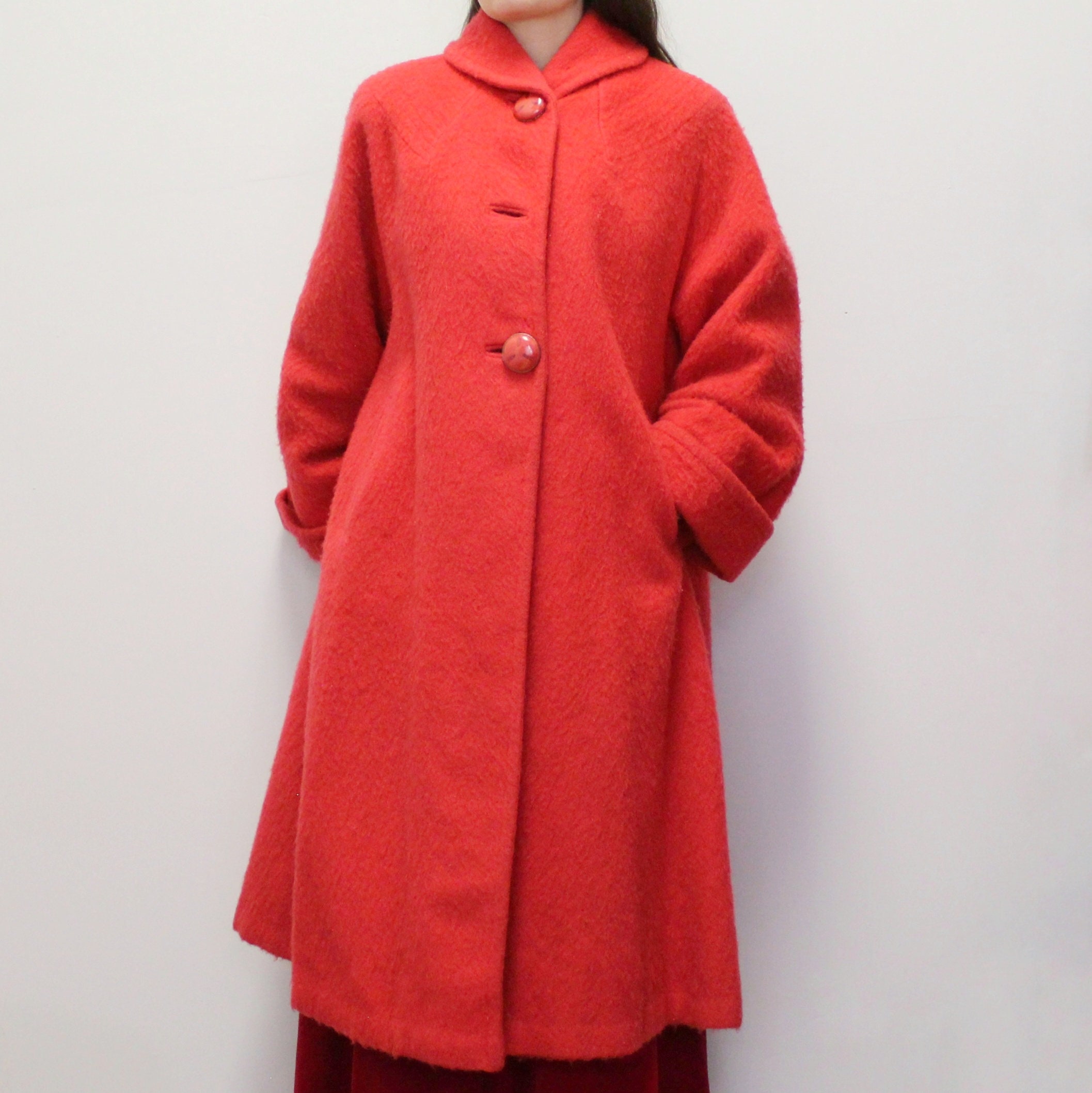 Handmade Red Wool Swing Coat with big Hood 0394 Handmade Red Wool Swing Coat with big Hood 0394