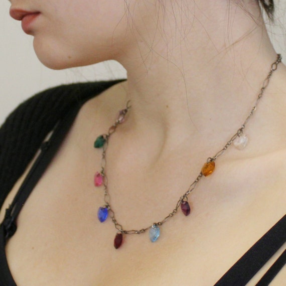 Vintage 20s Glass Heart Necklace Multicolor Facet… - image 5