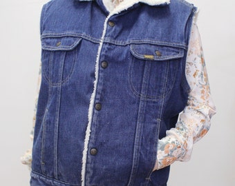 Vintage anni '70 Roebucks Western Wear di Sears Gilet da camionista in denim foderato in sherpa