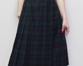 Vintage 80s Plaid Pleated Midi Skirt by David Brooks Ltd Tartan Wrap Skirt Kilt - Kilt blue green plaid