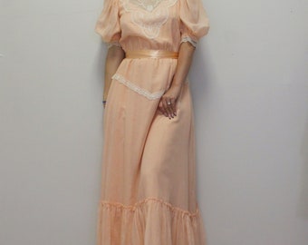 Vintage 80s Victorian Prairie Dress- Peach Romantic VDR