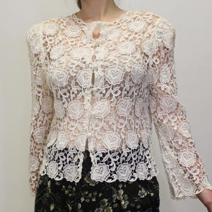 Vintage 80s Lace Jacket Romantic Tapered Sheer Long Sleeve - White Applique Top Top Cover Up BD