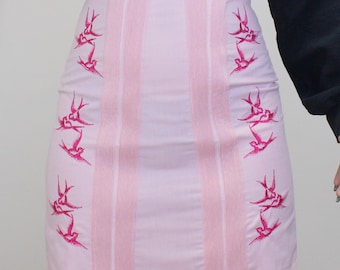 Vintage 60s Mini Skirt High Waisted Baby Pink Skirt with Hot Pink Sparrow Embroidery