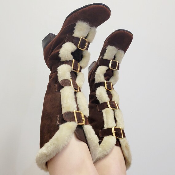 Vintage 70s Furry Boots! Go-Go Knee high brown su… - image 4