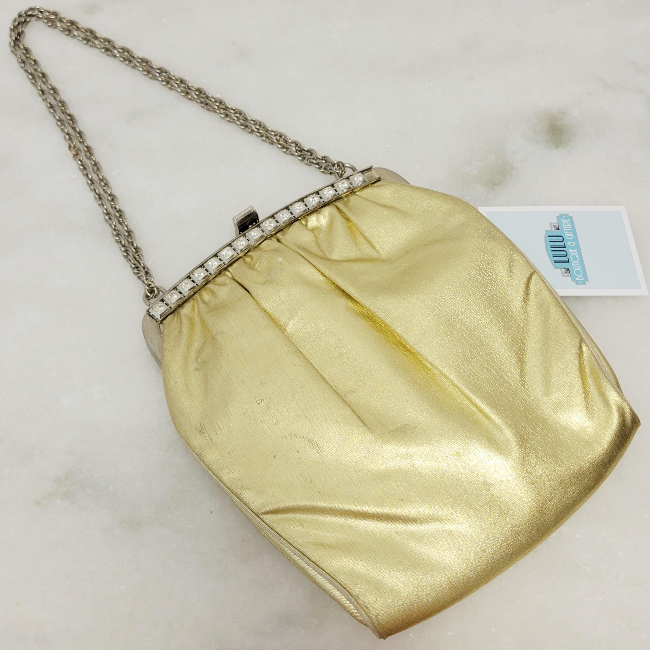 Vintage 50s Gold Lame Evening Bag by HL USA With Rinestone Detail