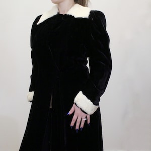 Vintage 40s Opera Coat Black Velvet Floor length Coat with cream fur collar and cuffs and satin lining