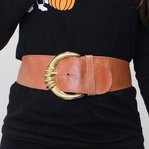 Vintage 80s Donna Karan New York Runway Belt Orange Leather Belt with Giant buckle