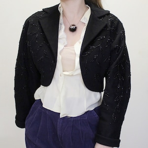 Vintage 50s Ivy Beaded Cropped Blazer A Molly Design New York by Forstmann 100% Virgin Wool for The Blum Store- Black Beaded Wool Bolero
