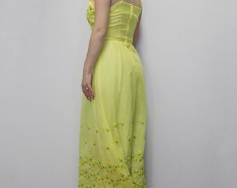 Vintage 70s Maxi Dress Beautiful Yellow Floral Embroidered Dress