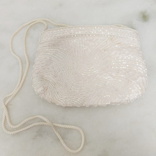 Vintage 70s Crossbody Evening Bag by La Regale - White ish beaded cocktail purse