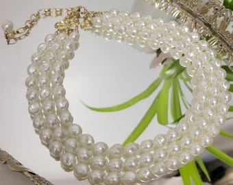 Vintage 80s Faux Pearl Choker 3 Strand White Elegant Necklace