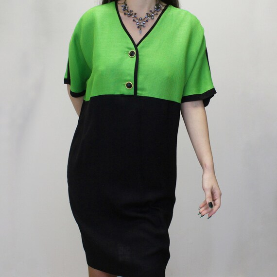 Vintage 80s Does 60s Mod Oversized Dress Made Expressly for Saks Fifth Avenue- Green Black Saks 5th Dress