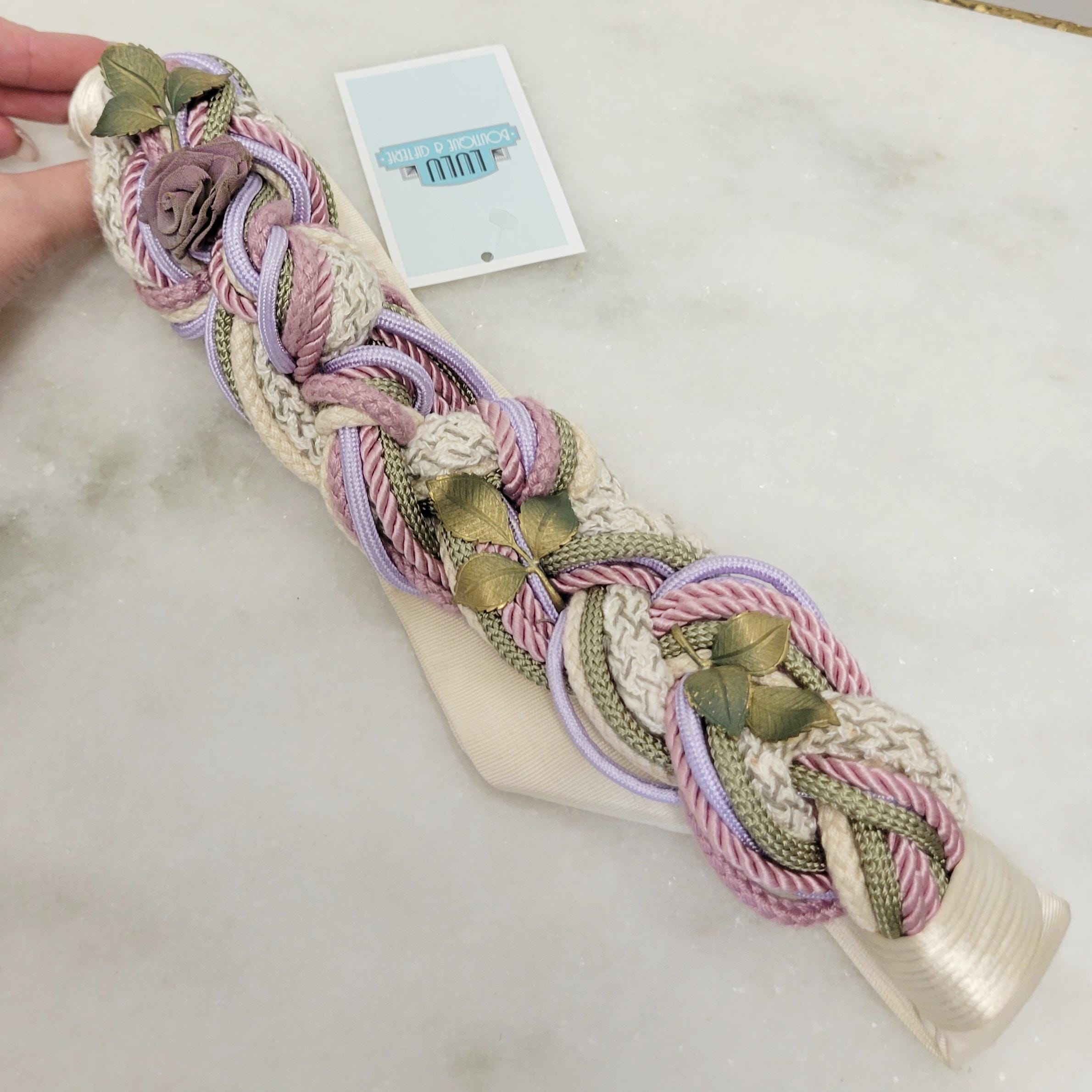 Vintage 80s Pastel Braided Belt With Floral & Metal Leaf 